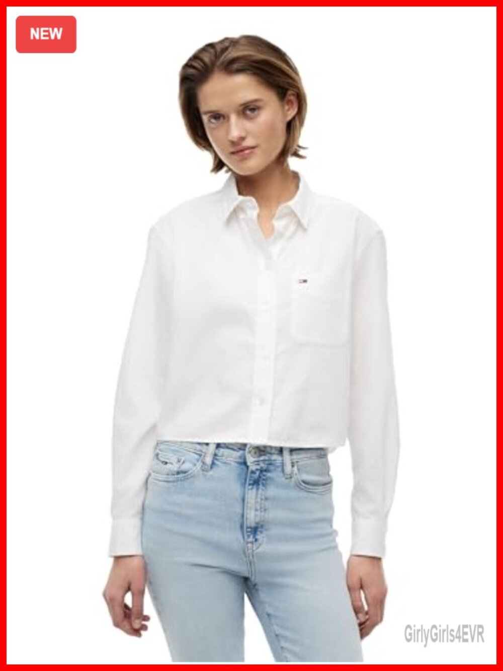 Long Sleeve Cropped Button Down Shirt Relaxed Fit Cotton Blouse